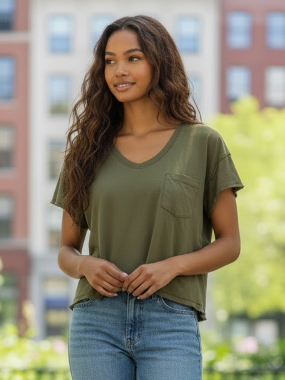 Urban Outfitters Olive green relaxed fit raw edge tee size medium